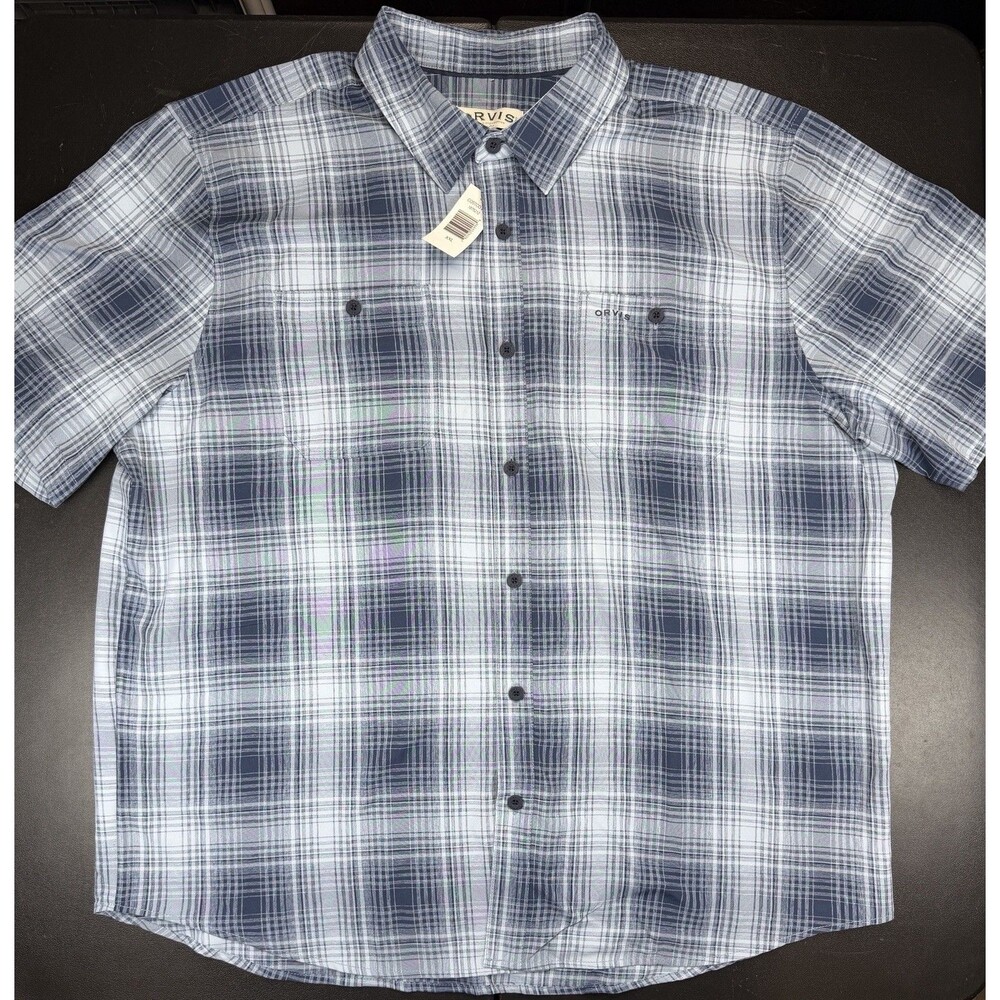 Orvis XXL Shirt Blue Plaid Button Up Front Short Sleeve Pockets Mens NWT